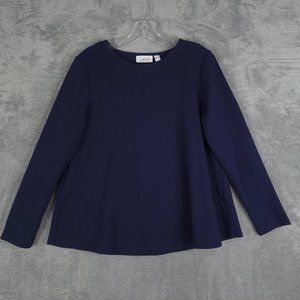 D&Co Womens Top Waffle Knit Round Neck Curved Hem Solid Blue Long Sleeve‎ S New